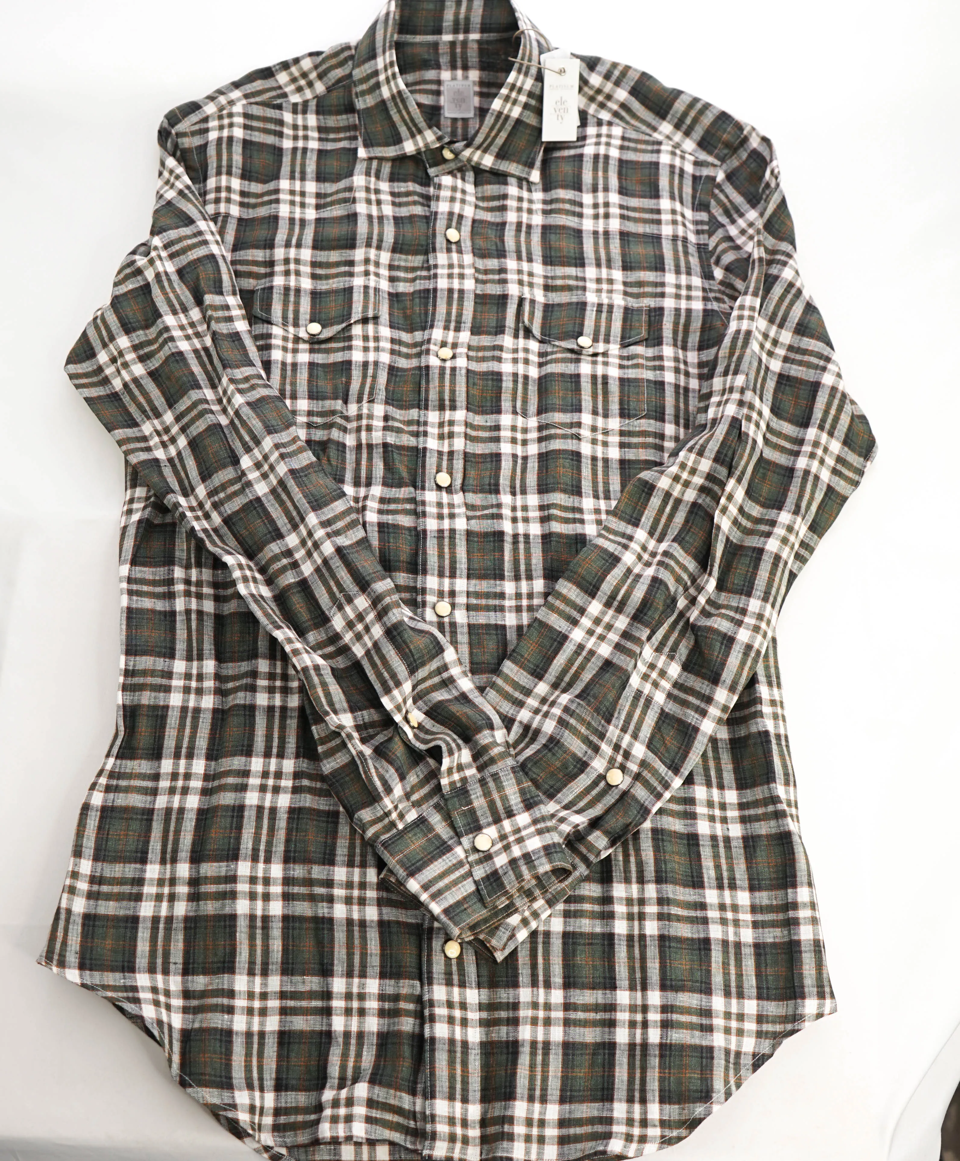$395 ELEVENTY - Green *Snap Front* LINEN Texas Style Western Shirt - M