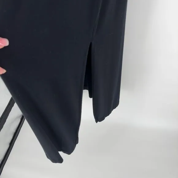 Adrienne Vittadini Black Maxi Dress Large Side Slit Jersey Knit Short Sleeve Y2K