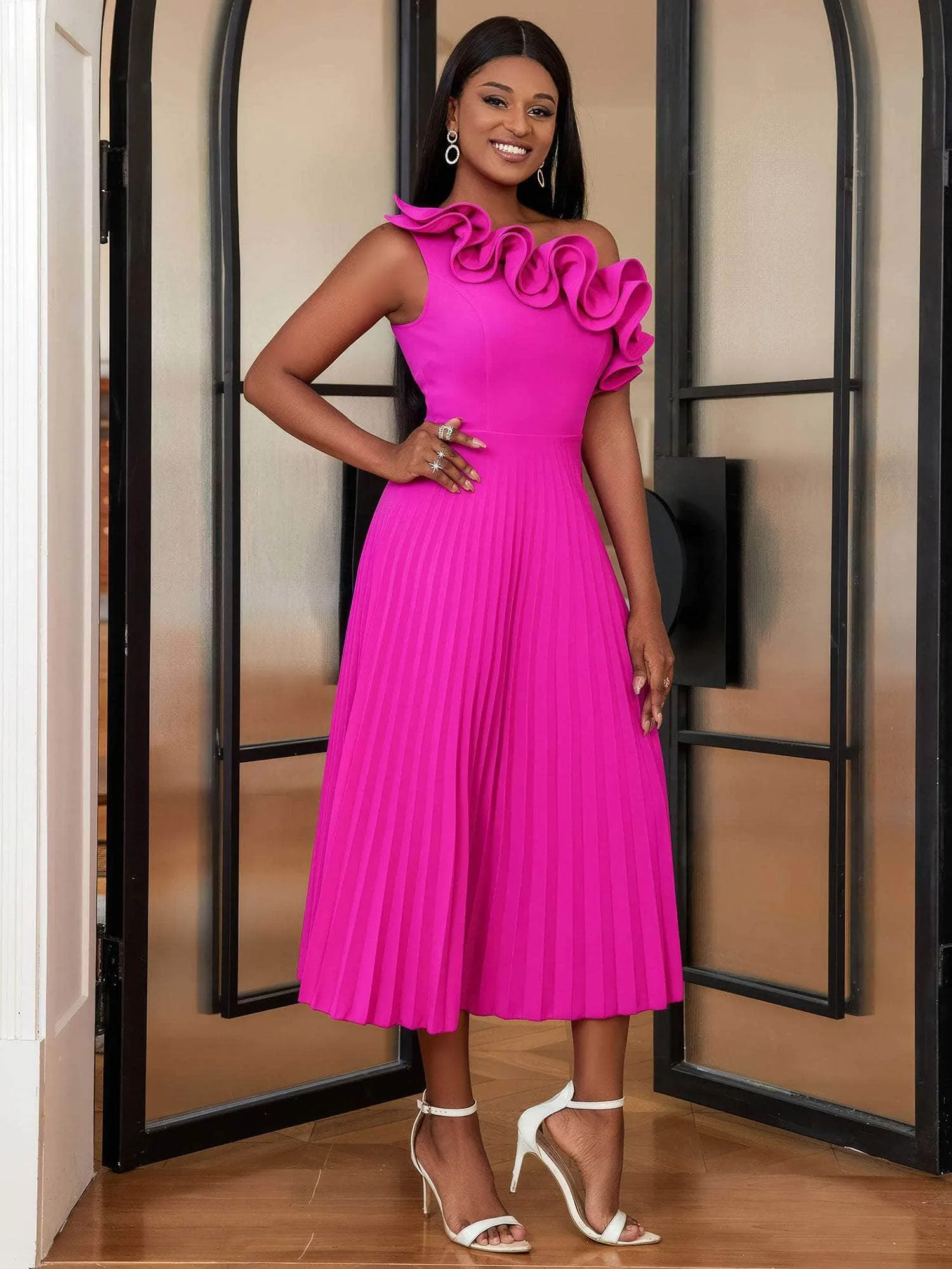 Asymmetrical Ruffle Trim Pleated Hem Dress