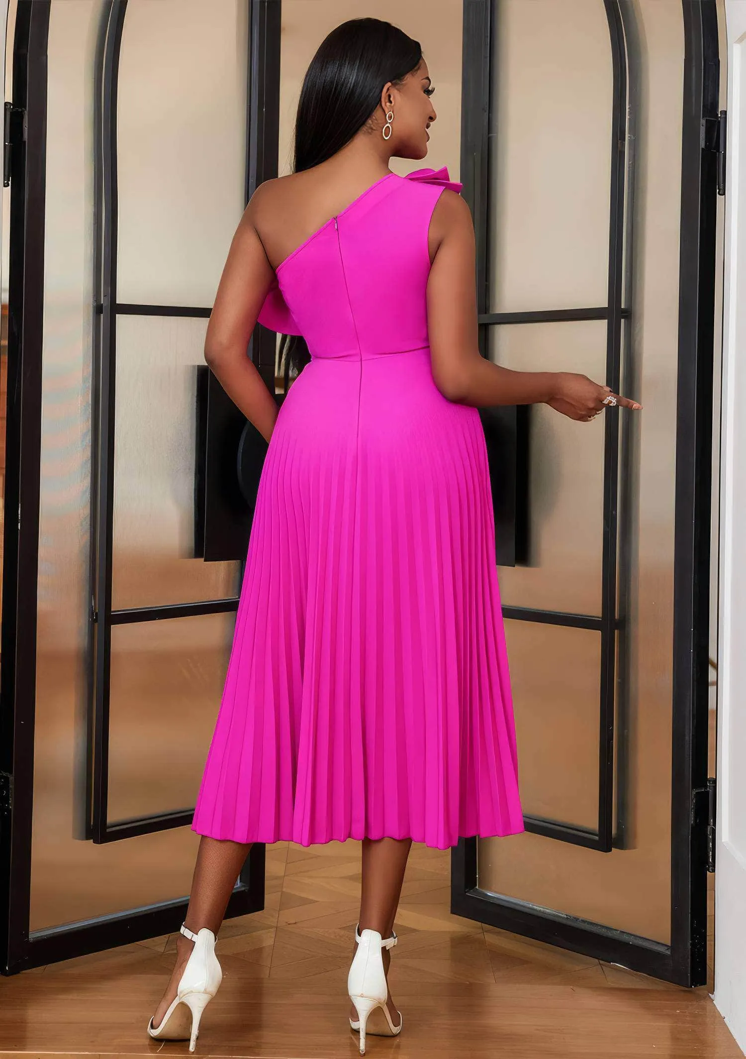 Asymmetrical Ruffle Trim Pleated Hem Dress