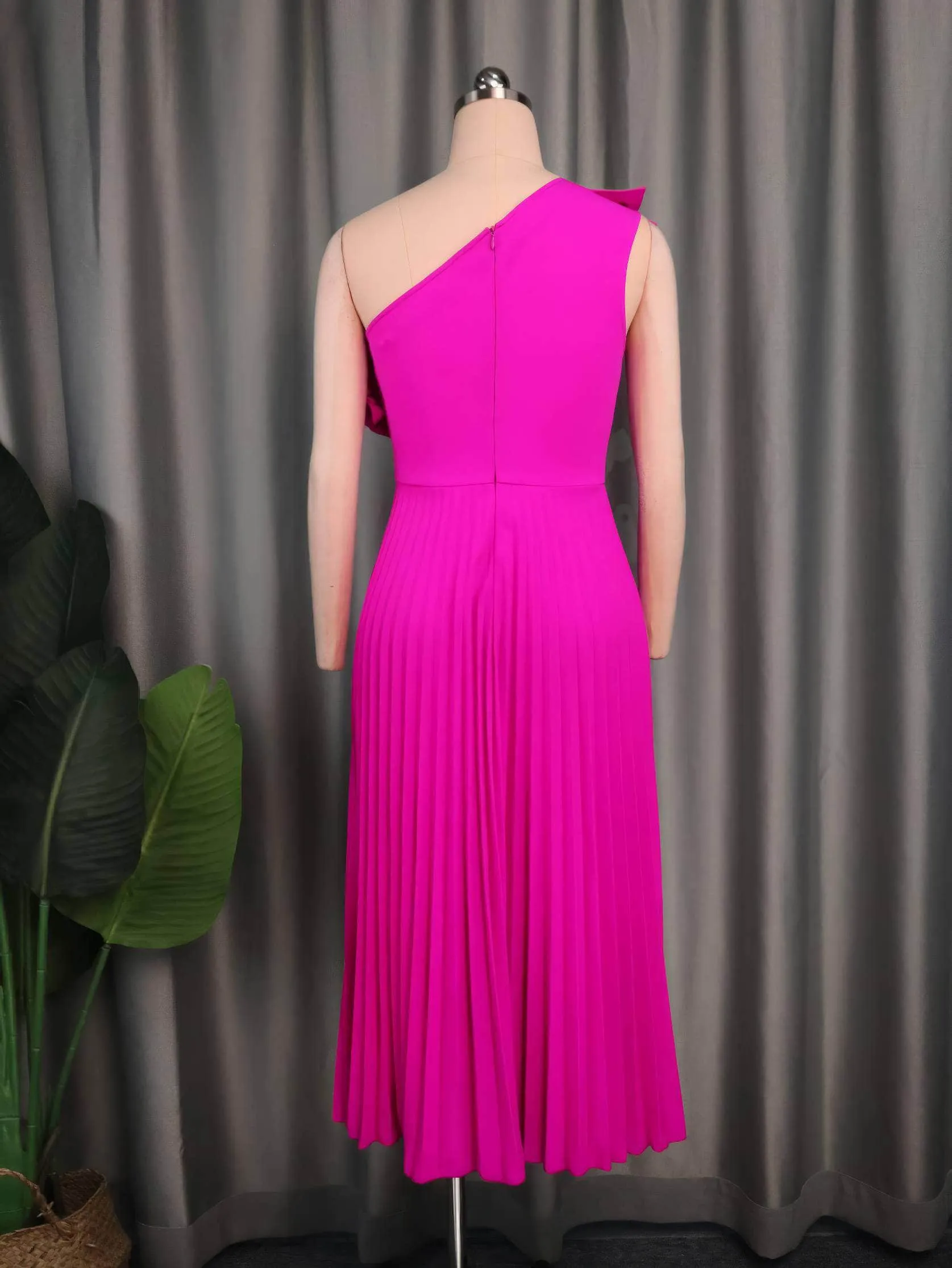 Asymmetrical Ruffle Trim Pleated Hem Dress
