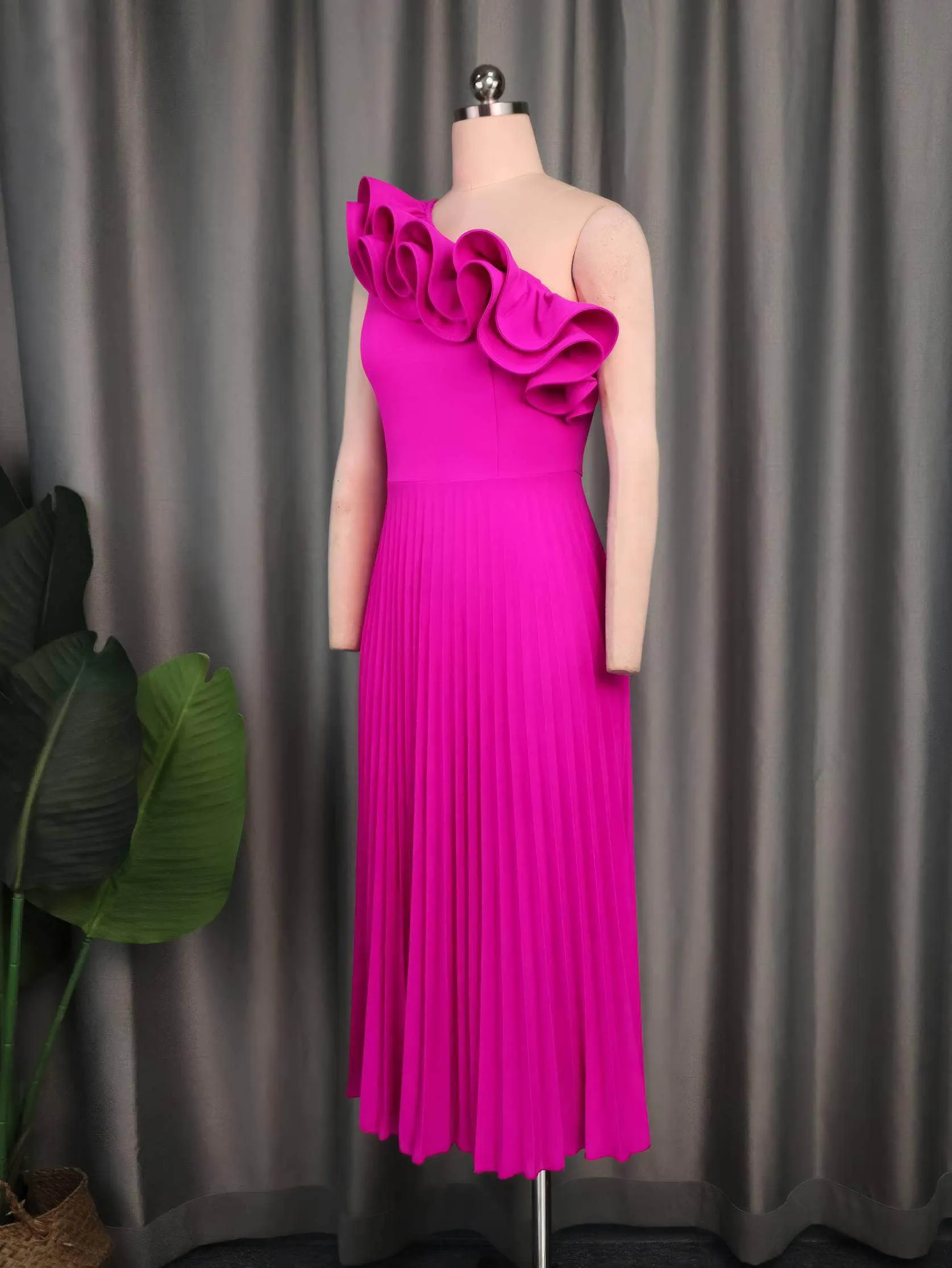 Asymmetrical Ruffle Trim Pleated Hem Dress