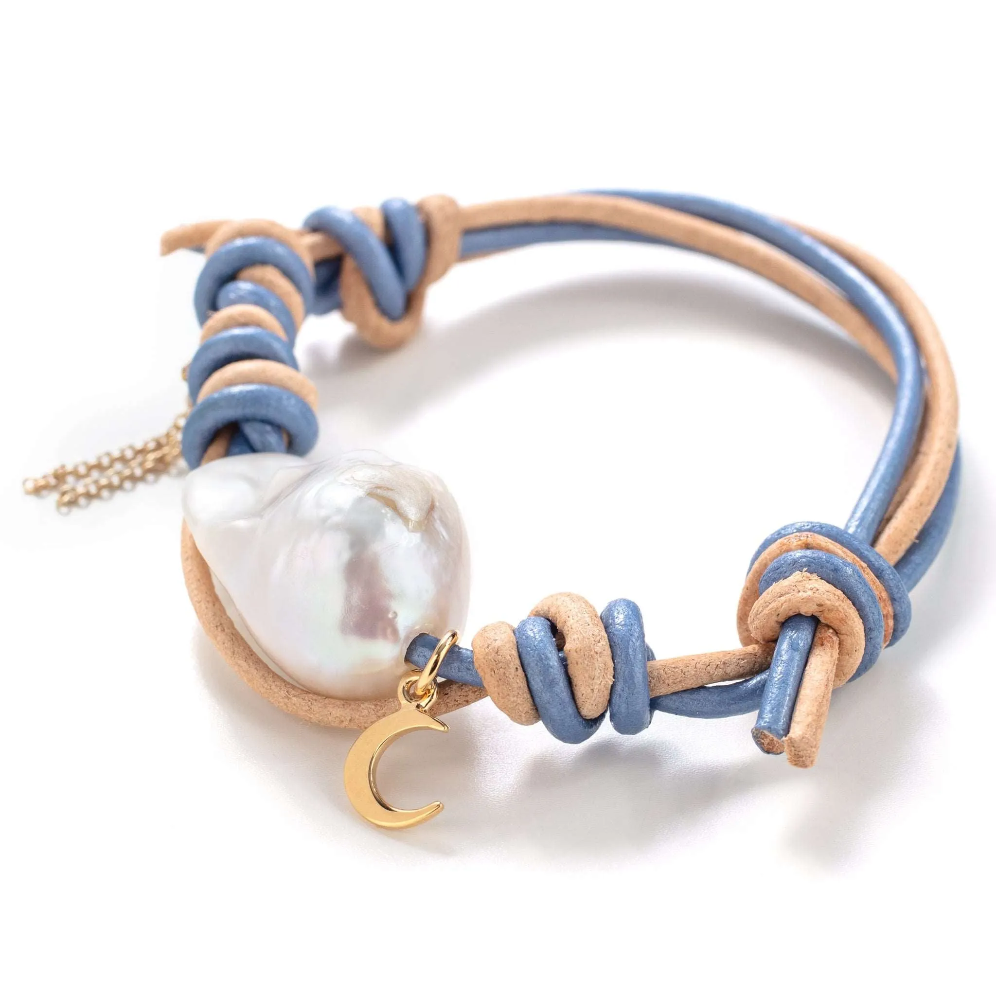 Blue Summer Baroque Pearl Gold Moon Chain Leather Bracelet