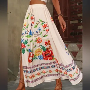 Boho Floral Print High Waist Slit Maxi Skirt