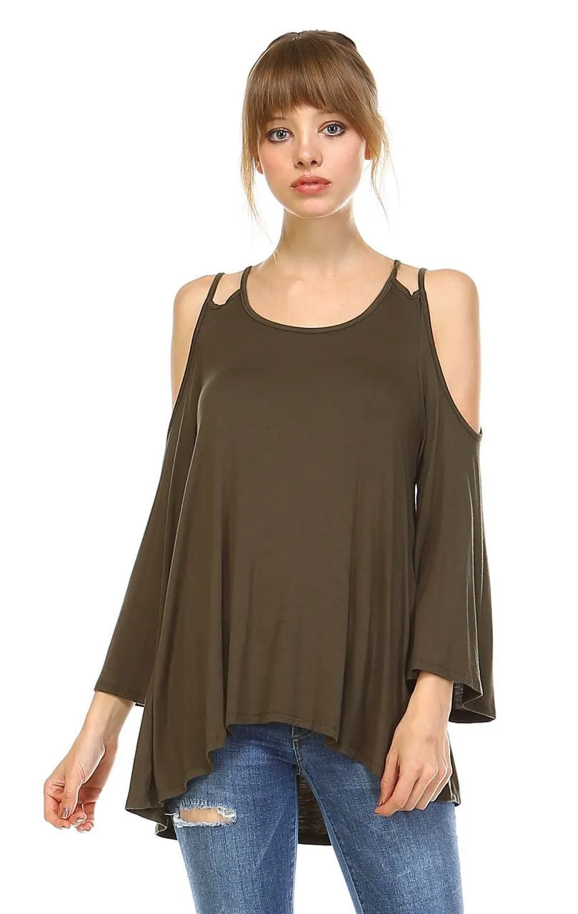 Cold Shoulder Top 3/4 Sleeves 2 String Strap Olive Green