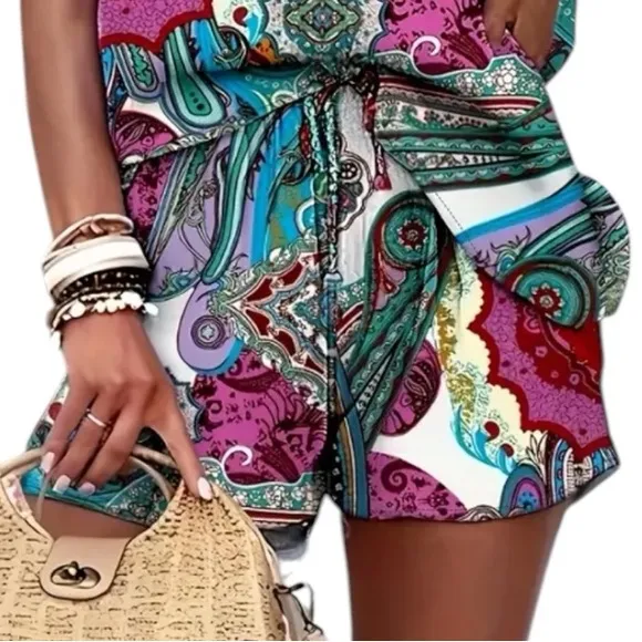 Colorful Paisley Off-Shoulder 2 piece Short Set