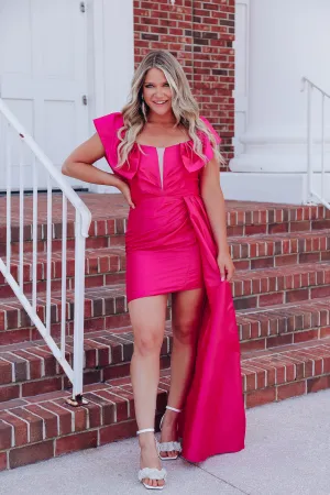Flaunt It Asymmetrical Off Shoulder Mini Dress - Hot Pink