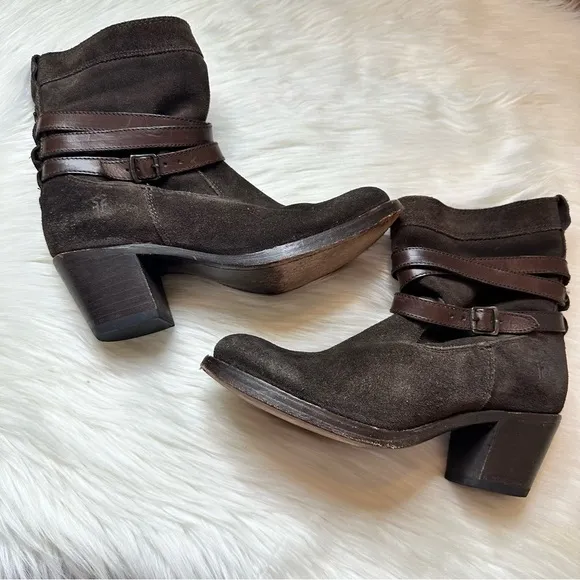 Frye Jane Strappy Oiled Suede Leather Heeled Short Boot Brown Women Size 5 1/2