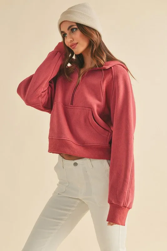 Half Zip Raglan Sleeve Hoodie with Kangaroo Pocket