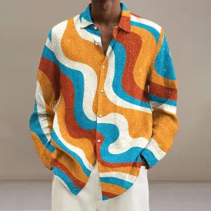 Man's Vintage Color Line Wave Art Print Long Sleeve Shirt