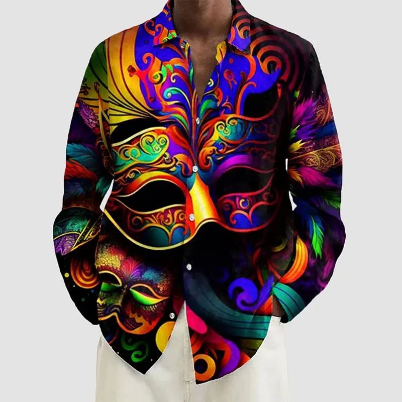 Men's Art Mardi Gras Print Long Sleeve Shirt 2408003143