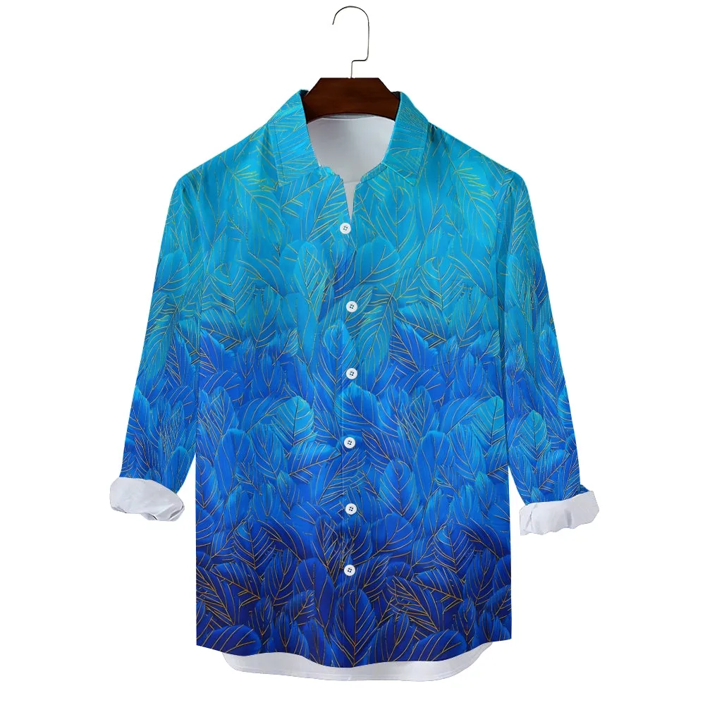 Men's Hawaiian Shirt Blue Feather Print Casual Vacation Long Sleeve Shirt 2408006346