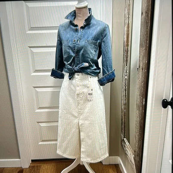 MNG Mango White Denim Midi Skirt