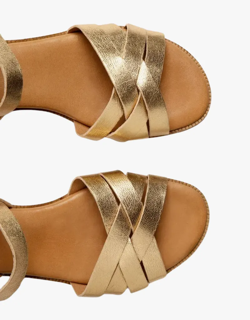 Penelope Chilvers Heeled Shepherdess Leather Sandal in Gold