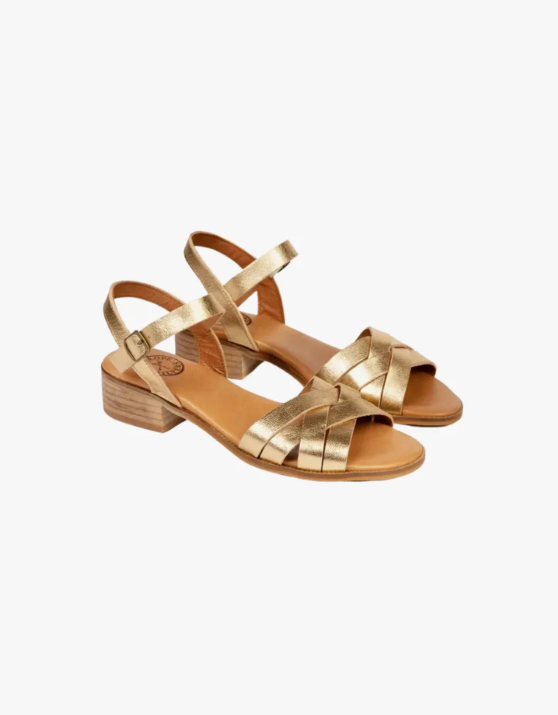 Penelope Chilvers Heeled Shepherdess Leather Sandal in Gold
