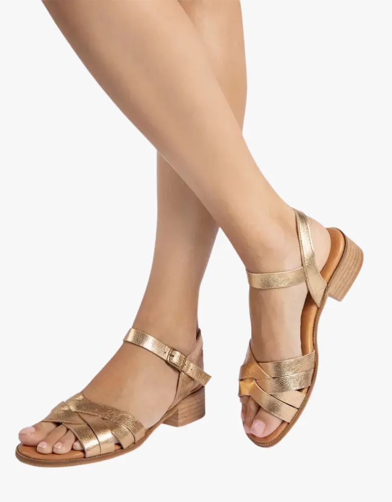 Penelope Chilvers Heeled Shepherdess Leather Sandal in Gold