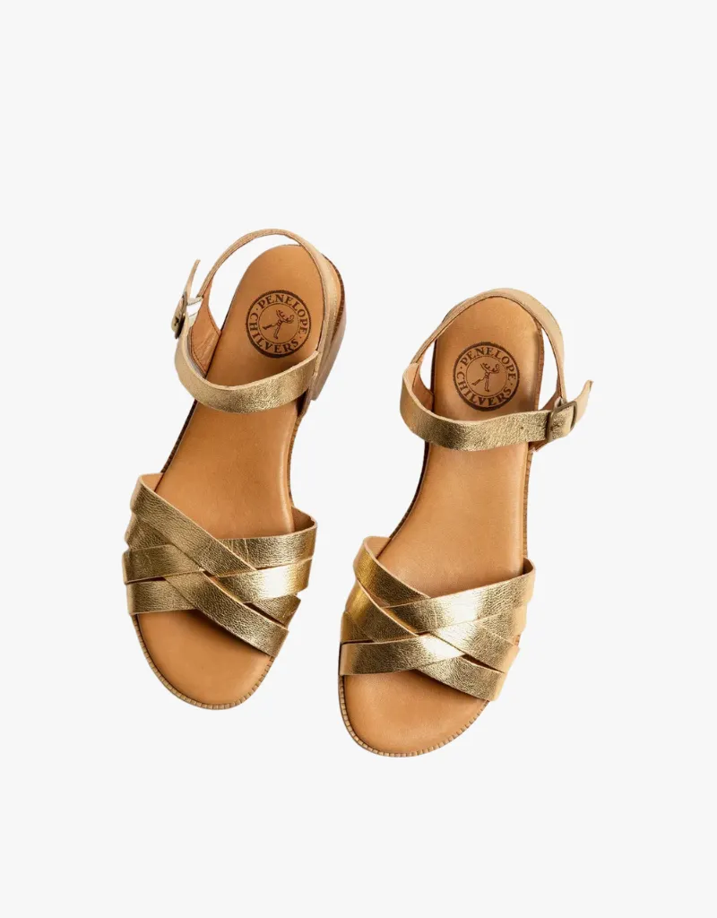 Penelope Chilvers Heeled Shepherdess Leather Sandal in Gold