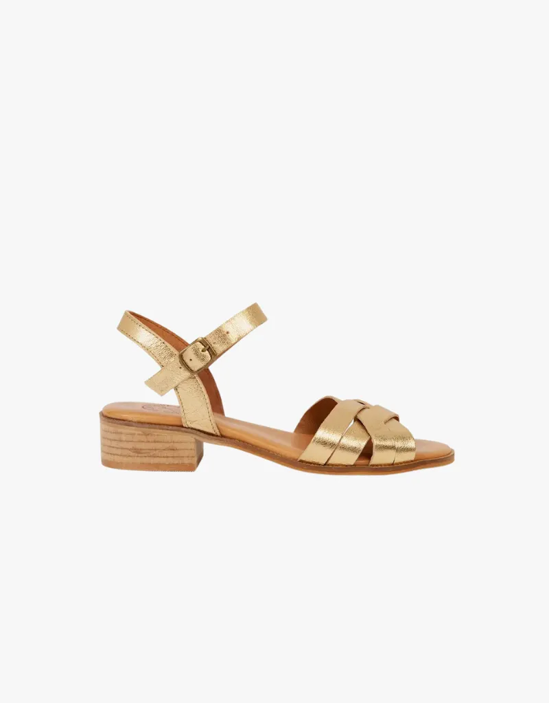 Penelope Chilvers Heeled Shepherdess Leather Sandal in Gold