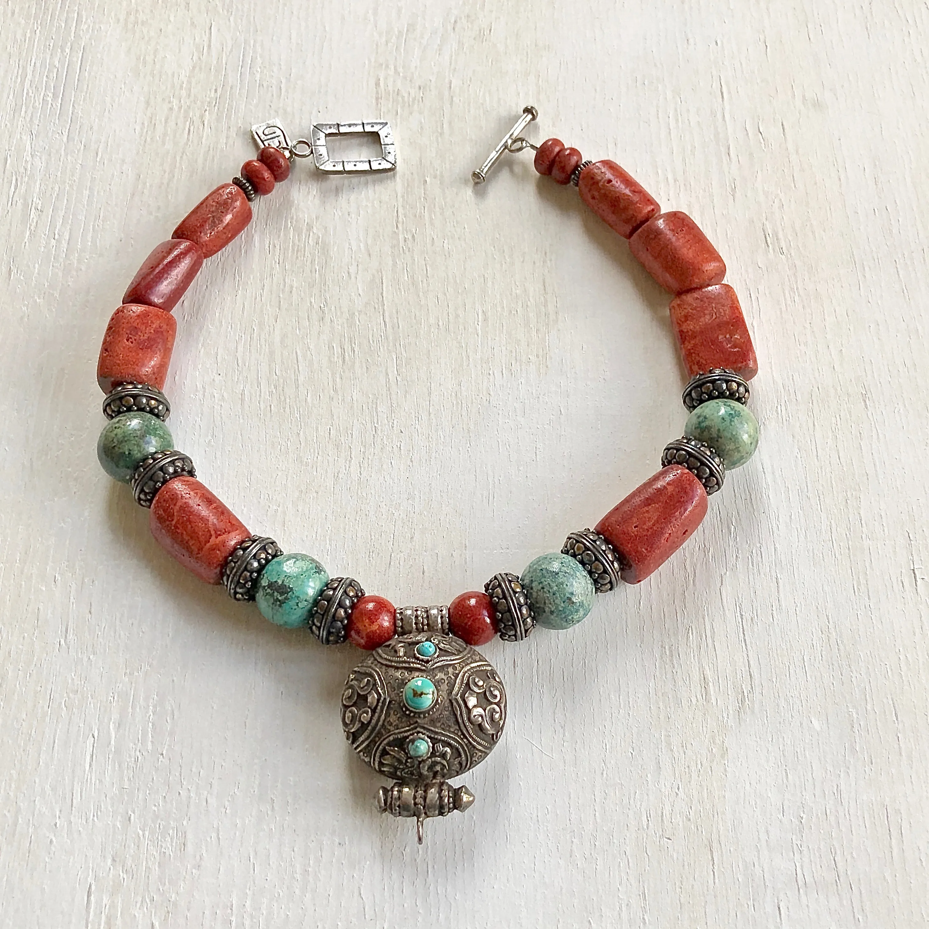 Turquoise coral silver ethnic necklace