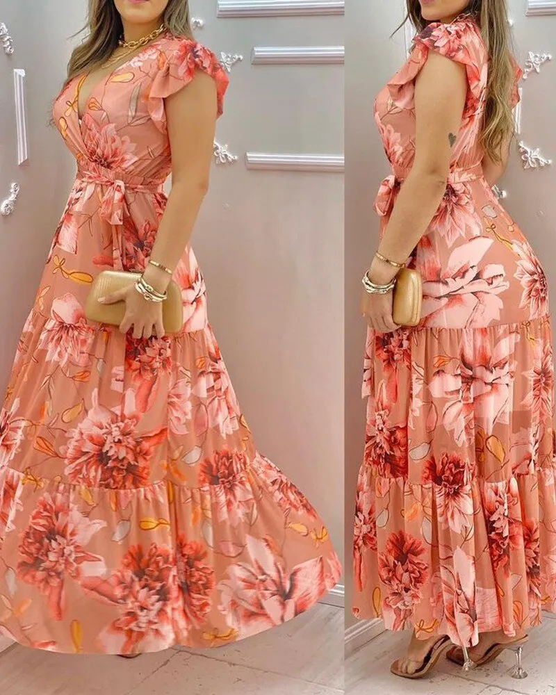 Women's V-neck Ruffle Sleeve Floral Print Chiffon Slim Long Dress